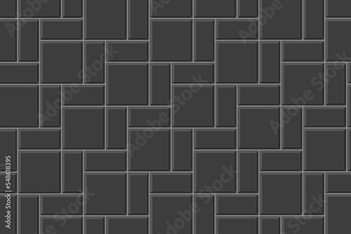 Black brickweave tile background. Stone or ceramic brick wall. Kitchen backsplash texture. Shower, bathroom or toilet floor mosaic decoration. Sidewalk surface. Vector flat illustration