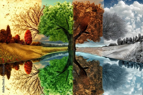 The four seasons in a tree reflected in the water of a lake. Concept of weather changing and cycle of nature in time.