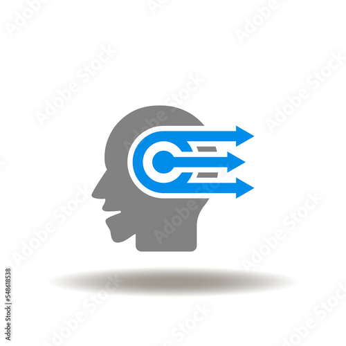 Vector illustration of head with arrows forward. Icon of forward thinking. Symbol of mindset and brainstorm. Sign of strategy idea generation.