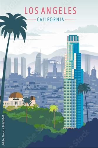 los angeles city poster design, colorful vector illustration. california