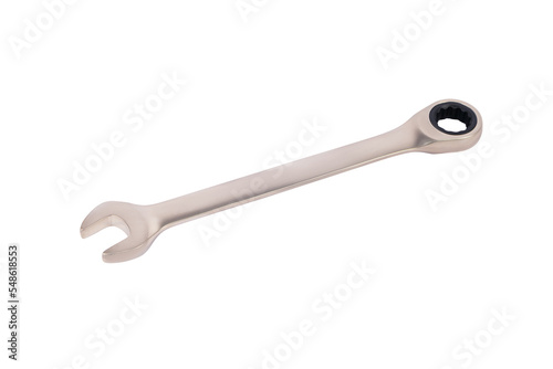Wrench isolated on white background, hand tool. Chrome spanner. © Maksim