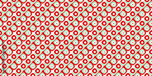 Seamless retro circle stripes christmas wrapping paper pattern in mint green and candy cane red. Simple geometric traditional xmas card background, gift wrap texture, or winter holiday backdrop.
