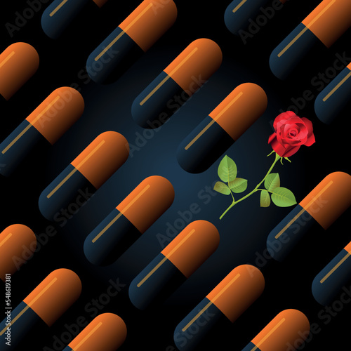 surreal vector illustration of black and orange medicine pills lined up with a red rose on a black background