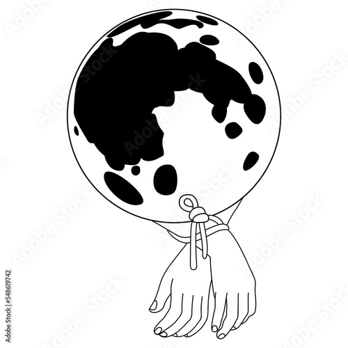 Two human hands tied with rope and a full moon. Creative concept for madness and lunacy. Black and white silhouette.