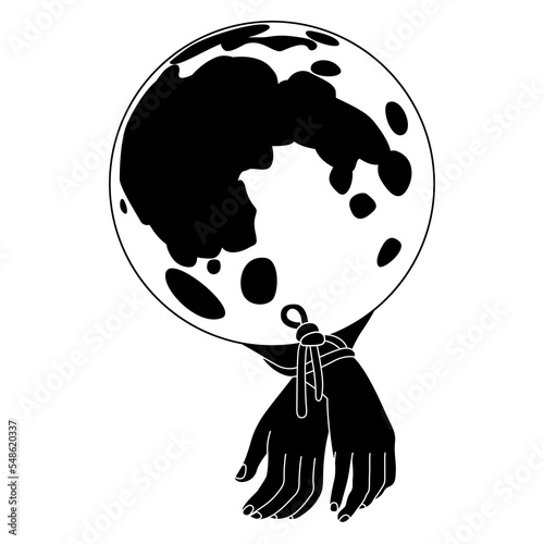 Two human hands tied with rope and a full moon. Creative concept for madness and lunacy. Black and white silhouette.