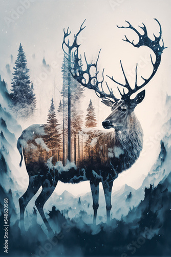 Stampa su tela Double exposure of reindeer and winter forest illustration