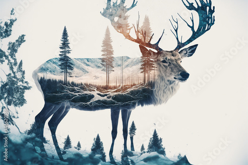 Fotobehang Double exposure of reindeer and winter forest illustration