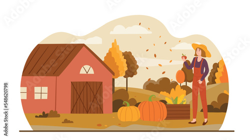 Autumn happy farmer. Harvest and countryside, young girl with natural and organic product. Poster or banner for website. Fall season. Woman lives in village. Cartoon flat vector illustration