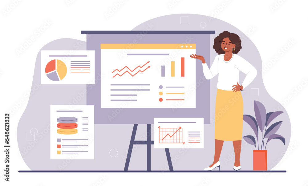 Website stats concept. Woman with graphs and charts, infographics. Poster or banner. Girl looks at expenses and income of company, investor and entrepreneur. Cartoon flat vector illustration