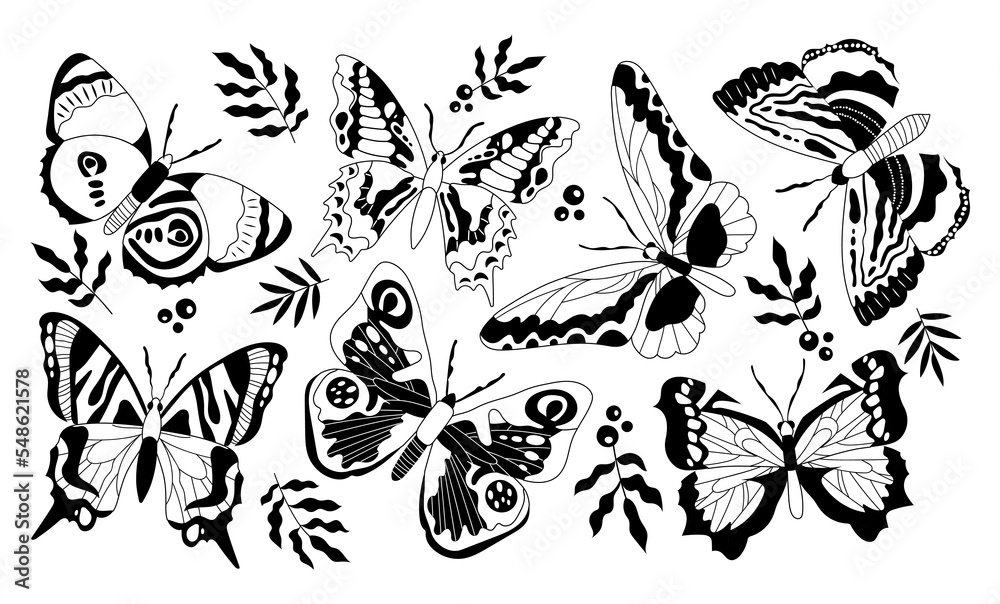 Butterflies black set. Collection of graphic elements for website, minimalism, art and creativity. Aesthetics and elegance, beauty. Cartoon flat vector illustrations isolated on white background