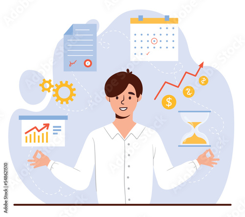 Businessman meditate concept. Young guy on background of graphs and charts. Financial literacy and passive income. Analytics and statistics. Successful Entrepreneur. Cartoon flat vector illustration