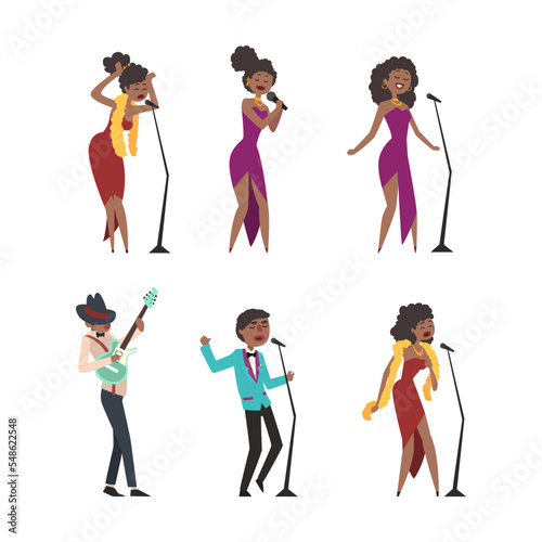 Set of jazz musicians and singers. People performing with musical instruments and singing cartoon vector illustration