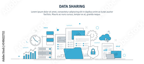 Thin line icon design with data sharing concept, backup, database, data security and cloud services. Internet banner layout with computer, server, chart, files and documents icons. 