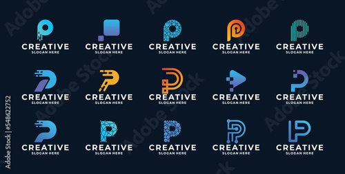 Set of initial letter P modern digital technology logo design.