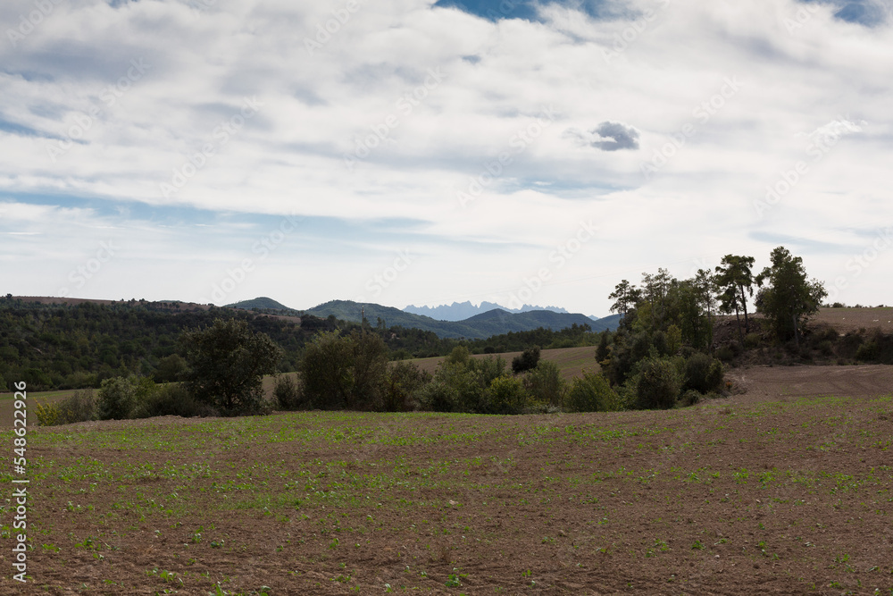 profile of the Montserrat mountains in the background as seen from the Osona region in central Catalonia, Spain.