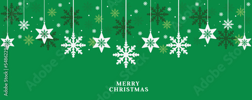 Xmas banner with snowflakes hanging decorations. Vector design of winter holidays in green tones.  Merry Christmas greeting card.
