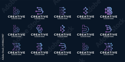 Set of creative initial letter B logo, dot connection, modern digital technology logo design.