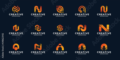Set of letter N logo design dot connection, modern technology logo template.