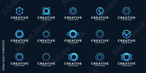 Set of letter O logo design dot connection, modern technology logo template.