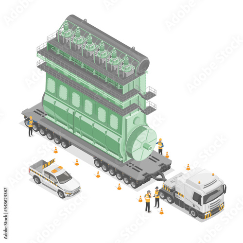 heavy haulage oversize load big marine engine special transportation for industrial logistics spaceship parts shipping isometric isolate on white background