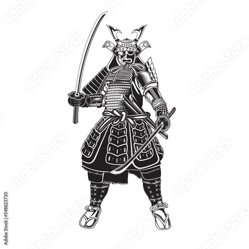 Vector illustration of a Japanese samurai with two swords and wearing a helmet with armor on a white isolated background