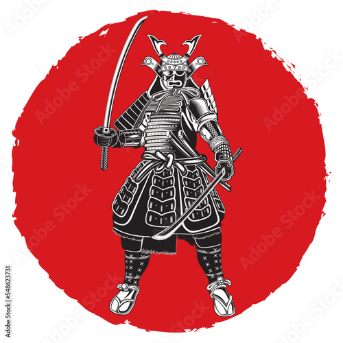 Vector illustration of a Japanese samurai with two swords and wearing a helmet with armor on the background of the Japanese flag