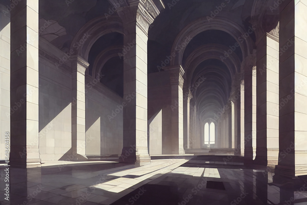 Fototapeta premium Greek and Roman inspired architecture, grand hall, roman forum background, concept art, digital illustration, Generative AI