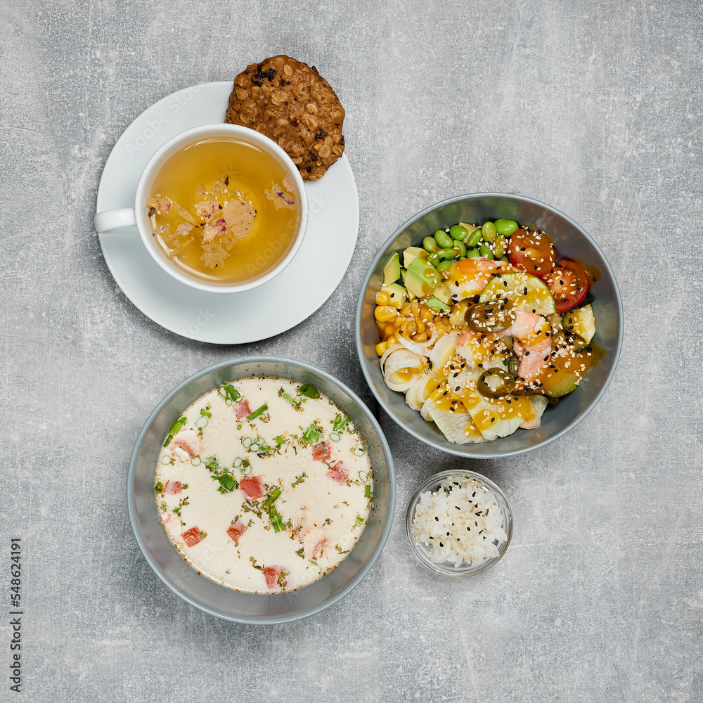 set lunch of a hot dish, soup and tea with cookies set lunch of a hot dish, soup and tea with cookies
