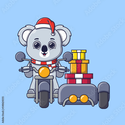 cute koala carrying gifts box on motorcycle with sidecar
