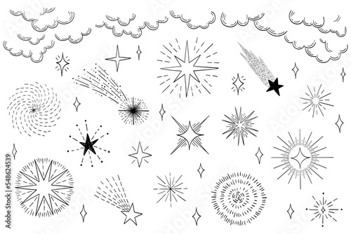 Hand draw elements set collection stars vector	
