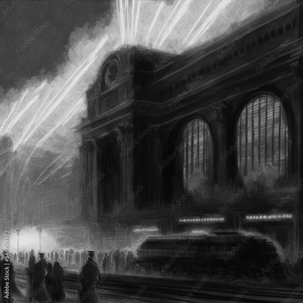 Charcoal rendering of a Railway Station 