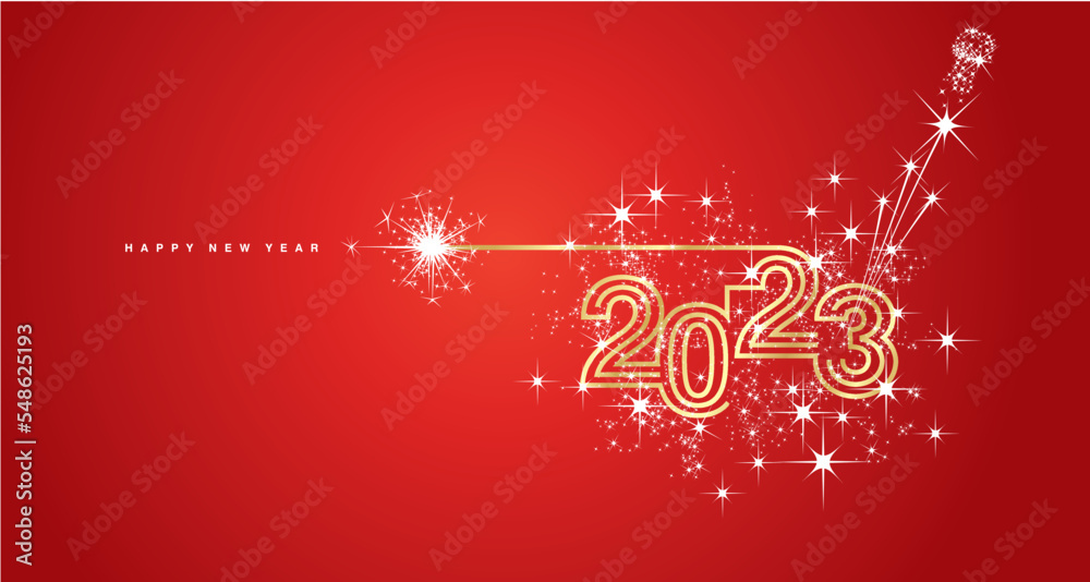 New years eve 2023 compact golden triple line design white sparkle firework champagne open new year eve red vector wallpaper greeting card
