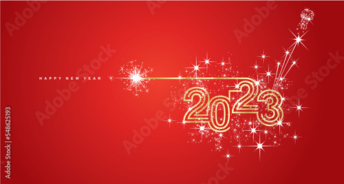 New years eve 2023 compact golden triple line design white sparkle firework champagne open new year eve red vector wallpaper greeting card
