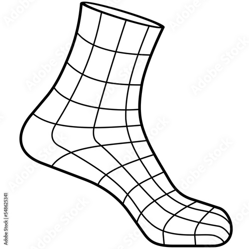 Monochrome vector graphic of three dimensional wire frame model of a sock on a human foot.