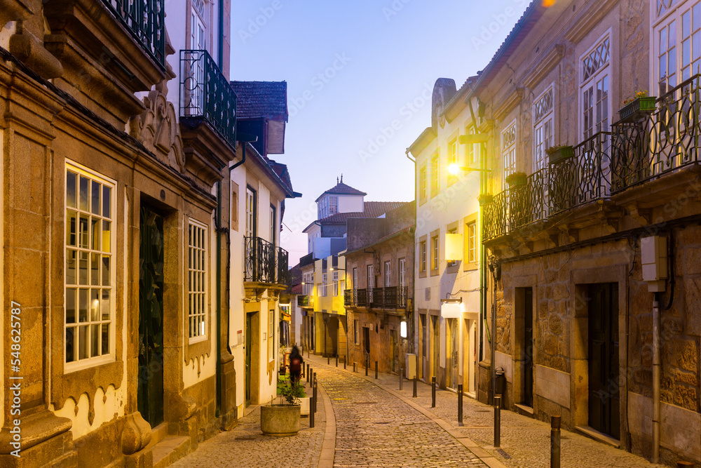 Evening view of streets and houses of old city of Vila Real at northern Portugal