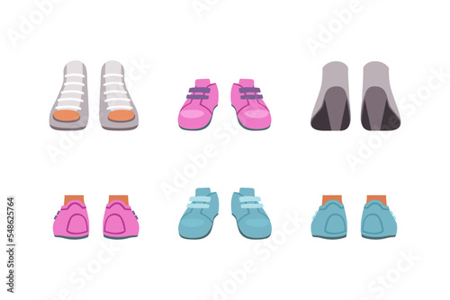 Footwear set, front or back view. Stylish fashion female shoes, sneakers and high heels cartoon vector illustration