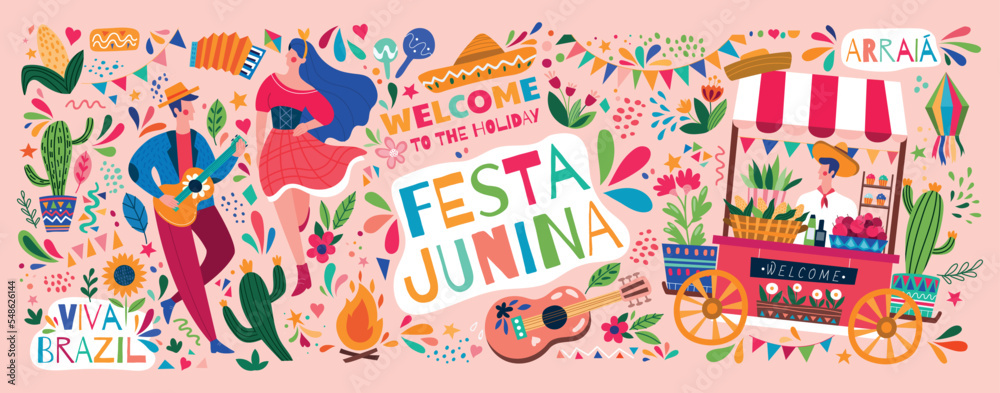 Festa junina banner. Culture and traditions, holiday or festival. Silhouettes of man with guitar and girl in traditional clothes next to flowers. Greeting card design. Cartoon flat vector illustration