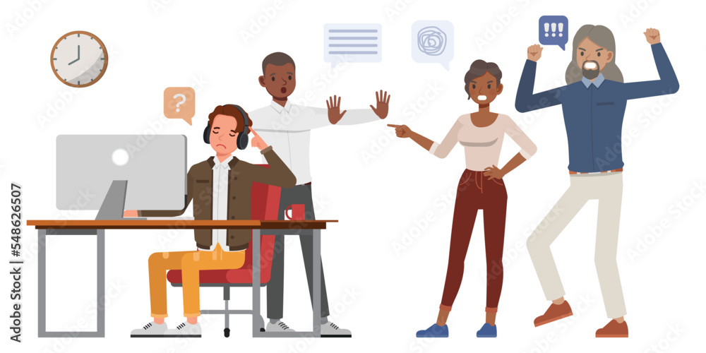 Business distractions concept. Office man and woman character vector design. Business people working in office planning, thinking and economic analysis on isolated white background.