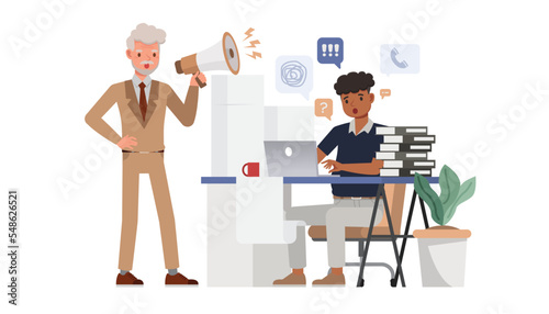Business distractions concept. Office man and woman character vector design. Business people working in office planning, thinking and economic analysis on isolated white background.