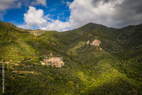 Villages Lizza and lavaggiorosso high up in the mountains near Levanto on the Ligurian coast. Aerial drone picture. September 2021