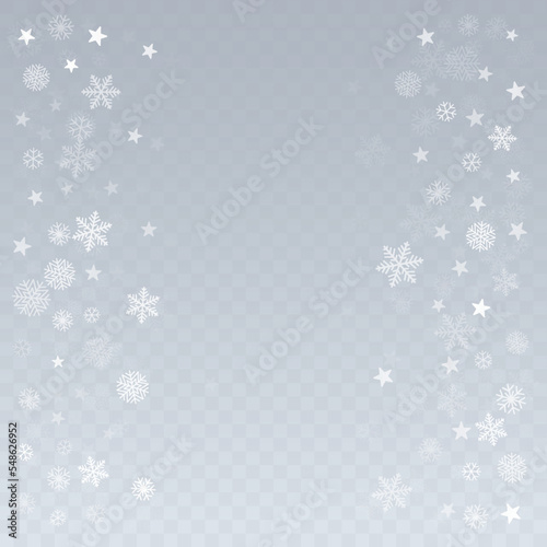 Christmas snow vector background. Falling snowflakes transparent decoration. New Year Holidays greeting card backdrop.