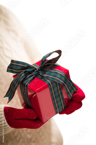 Transparent PNG Woman Wearing Red Mittens Holding Christmas Gift.