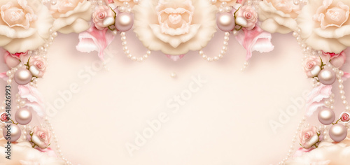 Seamless Wedding floral frame or border with elegant rose flowers and pearls on a pink background, place for text. Floral repeat pattern with flowers for fabrics, wedding invitations, festive cards 