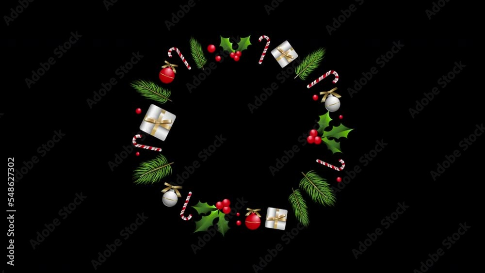 3d Animated Decorative Christmas Wreath Isolated on Black Background. Holiday Design Elements Set. Merry Christmas and Happy New Year Decorative Frame Animation Template. 4K video design. 3d Animated Decorative Christmas Wreath Isolated on Black Background. Holiday Design Elements Set. Merry Christmas and Happy New Year Decorative Frame Animation Template. 4K video design.