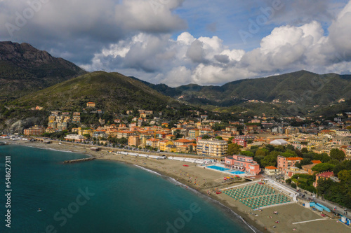 Aerial panoramic view on town Levanto, Cinque Terre, Liguria, Italy. September 2022