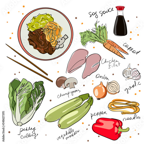 Set of different icons for cooking udon noodles.
