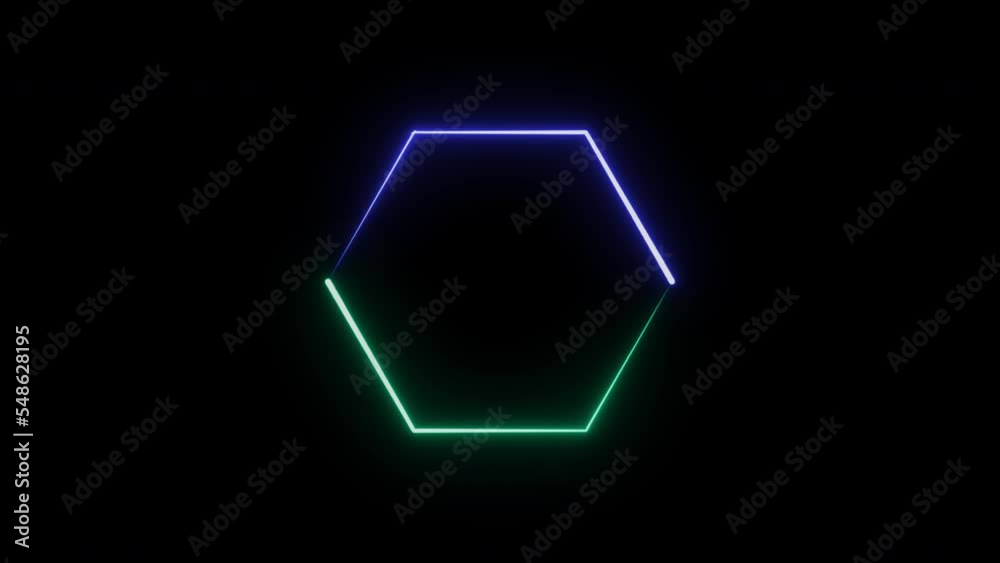 4k Animation of Geometric Shape Colorful Neon Hexagons Radial Concentric Modern Design Element. Geometry, energy, electricity, luminosity, colour and movement concept, digitally generated video.