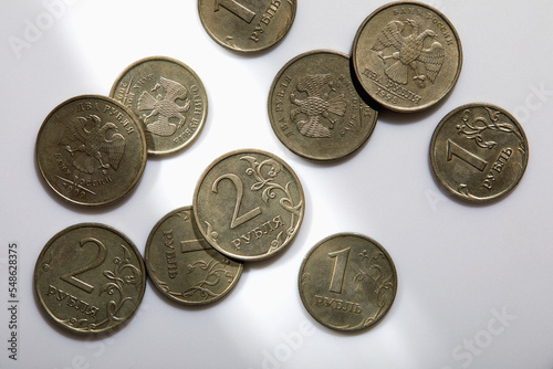 Overhead view of Russian Rubles on white background photo