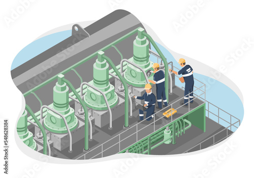 Ship marine engineer big engine motor machine maintenance concept isometric for engineering working isolated vector symbols