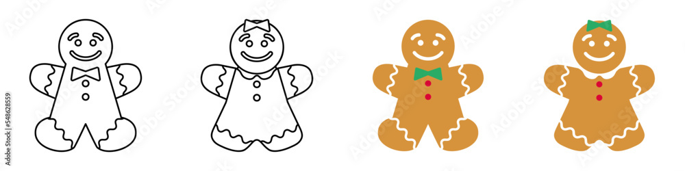 Conjunto de galletas de navidad. Hombre y mujer de jengibre. pan de jengibre. Ilustración vectorial Conjunto de galletas de navidad. Hombre y mujer de jengibre. pan de jengibre. Ilustración vectorial